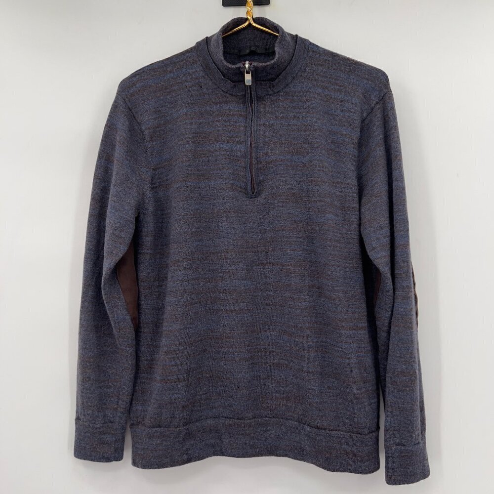 Raffi Men’s 100% Merino Wool 1/4 Zip Sweater Brown Blue Elbow Patches Size M